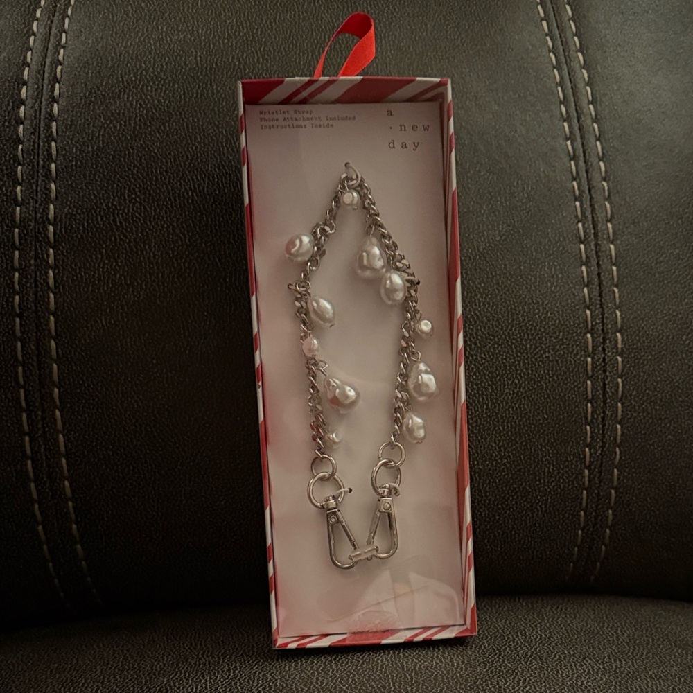A New Day- Silver Wristlet Strap for Cell Phone with Feaux White Pearls